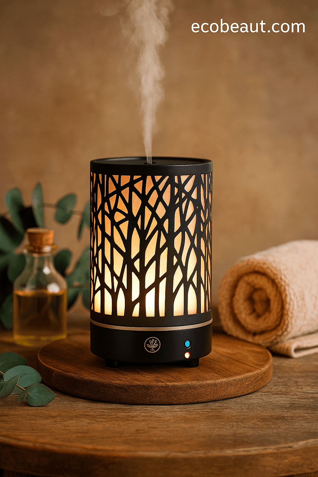 Elegant forest-patterned metal essential oil diffuser glowing warmly on a wooden surface with eucalyptus, oil bottle, towel, and ecobeaut.com label