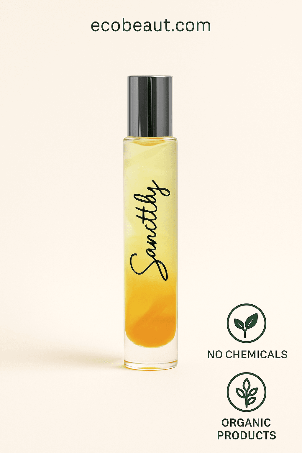 Sanctify Rollerball Perfume - Palo Santo, Bergamot, Patchouli & Cedarwood in a sleek bottle on a light background.