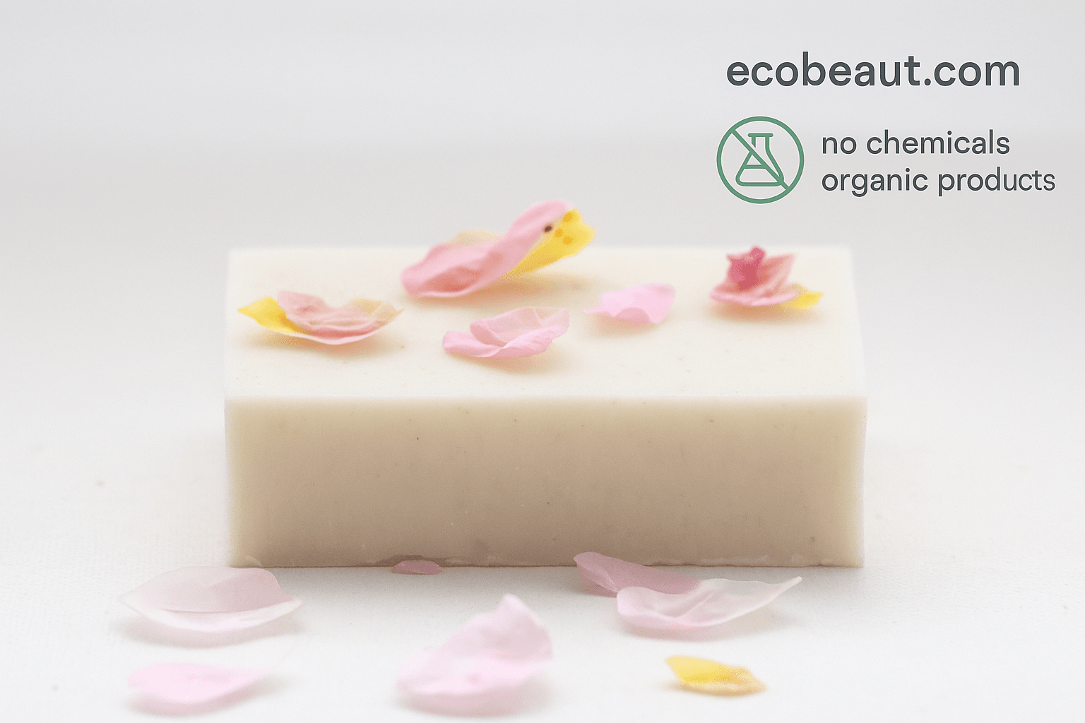 Elegant white organic soap bar with pink and yellow petals on neutral background – gentle skincare, handmade and toxin-free – ecobeaut.com

