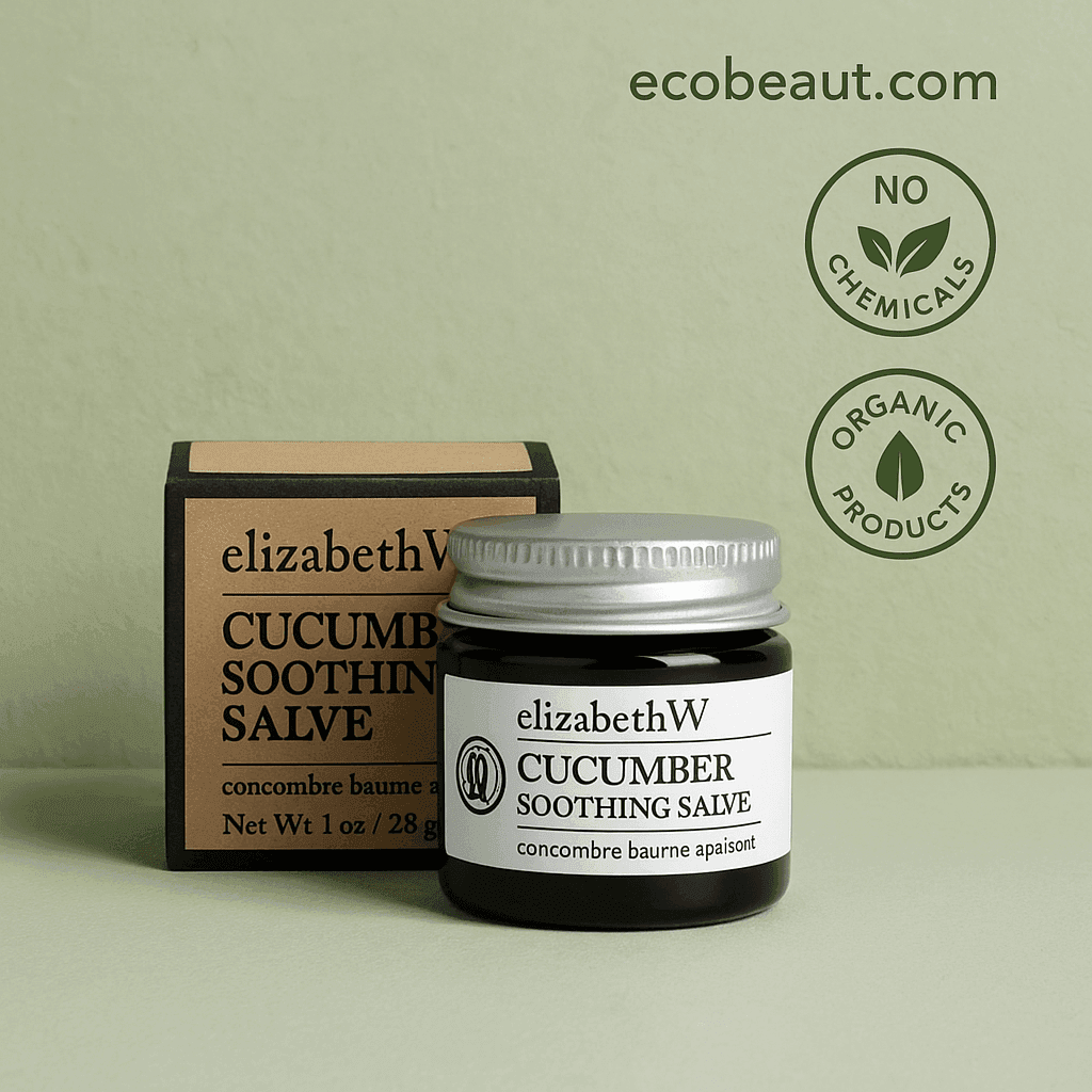 ElizabethW Cucumber Soothing Salve – organic skincare balm with natural ingredients, shown with eco-friendly box and icons 'no chemicals' and 'organic products', ecobeaut.com