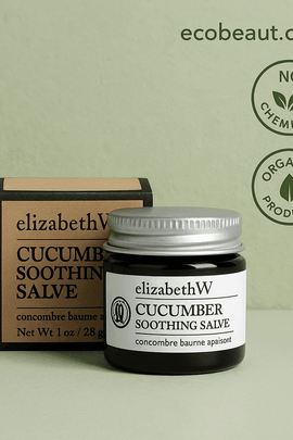 ElizabethW Cucumber Soothing Salve – organic skincare balm with natural ingredients, shown with eco-friendly box and icons 'no chemicals' and 'organic products', ecobeaut.com