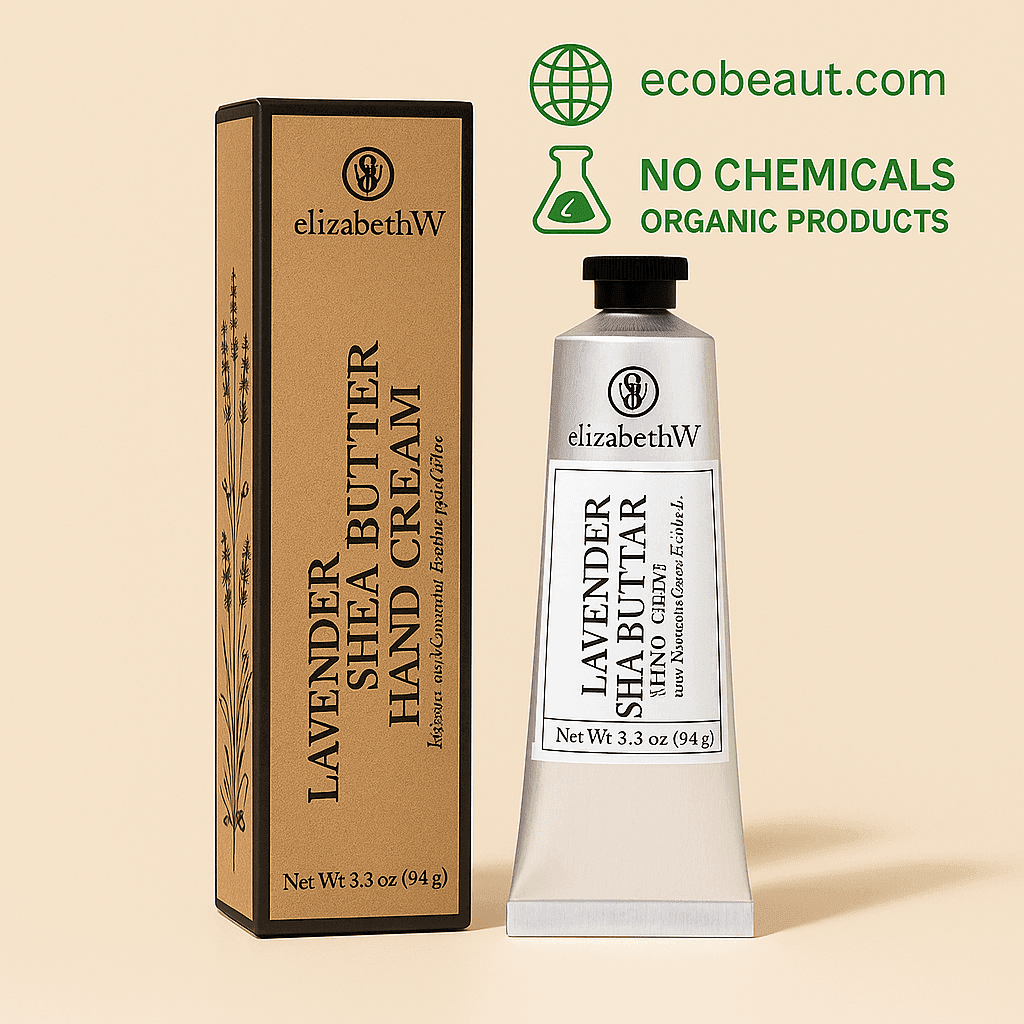 ElizabethW Lavender Shea Butter Hand Cream with kraft box, displayed on a beige background. Labeled organic, no chemicals, and featuring ecobeaut.com in the top corner.