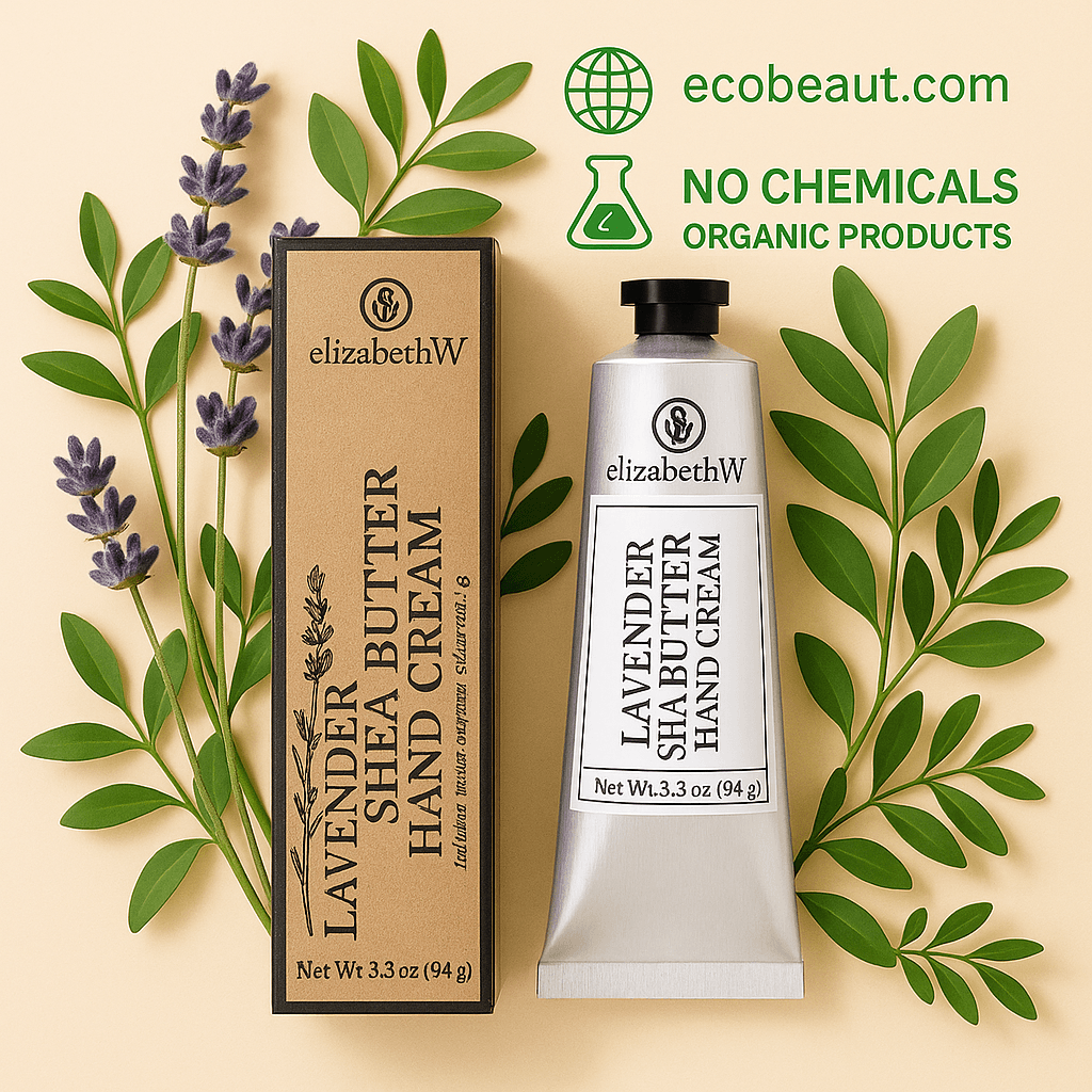 ElizabethW Lavender Shea Butter Hand Cream with kraft box, surrounded by lavender flowers and green leaves. Organic, chemical-free skincare product from ecobeaut.com.