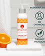 Energizing Citrus Body Lotion by A Girl’s Gotta Spa! placed in a spa-like bathroom scene with fresh orange and soft towel – organic ingredients, no chemicals, ecobeaut.com