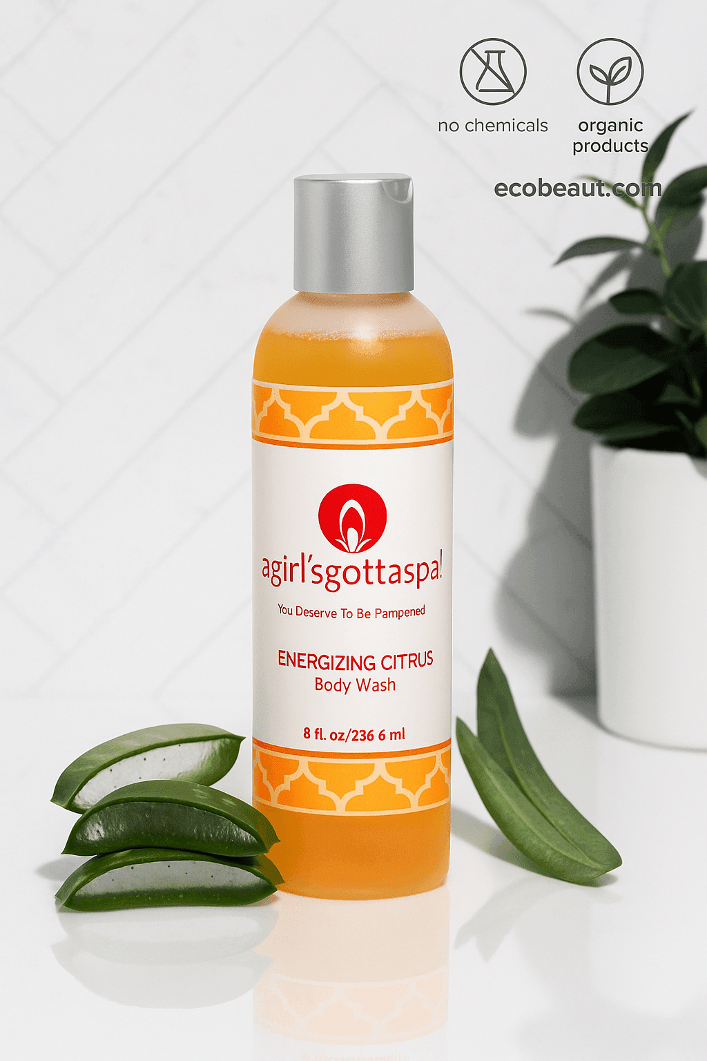 Energizing Citrus Body Wash by A Girl’s Gotta Spa! displayed with aloe vera and natural decor – sulfate-free organic cleanser, ecobeaut.com