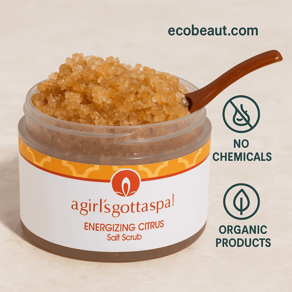 Energizing Citrus Salt Scrub in eco-friendly plastic jar with wooden spoon on marble surface – organic skincare product, no chemicals, ecobeaut.com