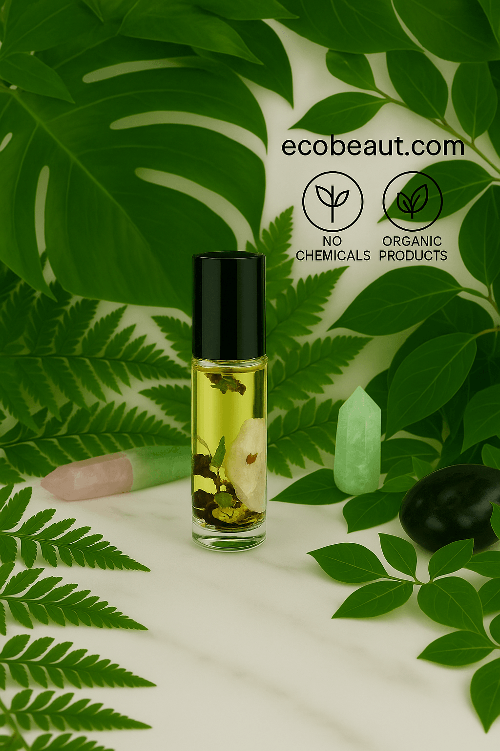 "Essential oil roll-on with crystals and herbs, surrounded by abundant green leaves and crystals, with black eco labels and ecobeaut.com branding in the top right corner."