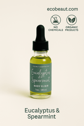 Eucalyptus & Spearmint Body Elixir bottle in close-up on a neutral beige background, featuring no chemicals and organic products icons with ecobeaut.com in the top right corner








