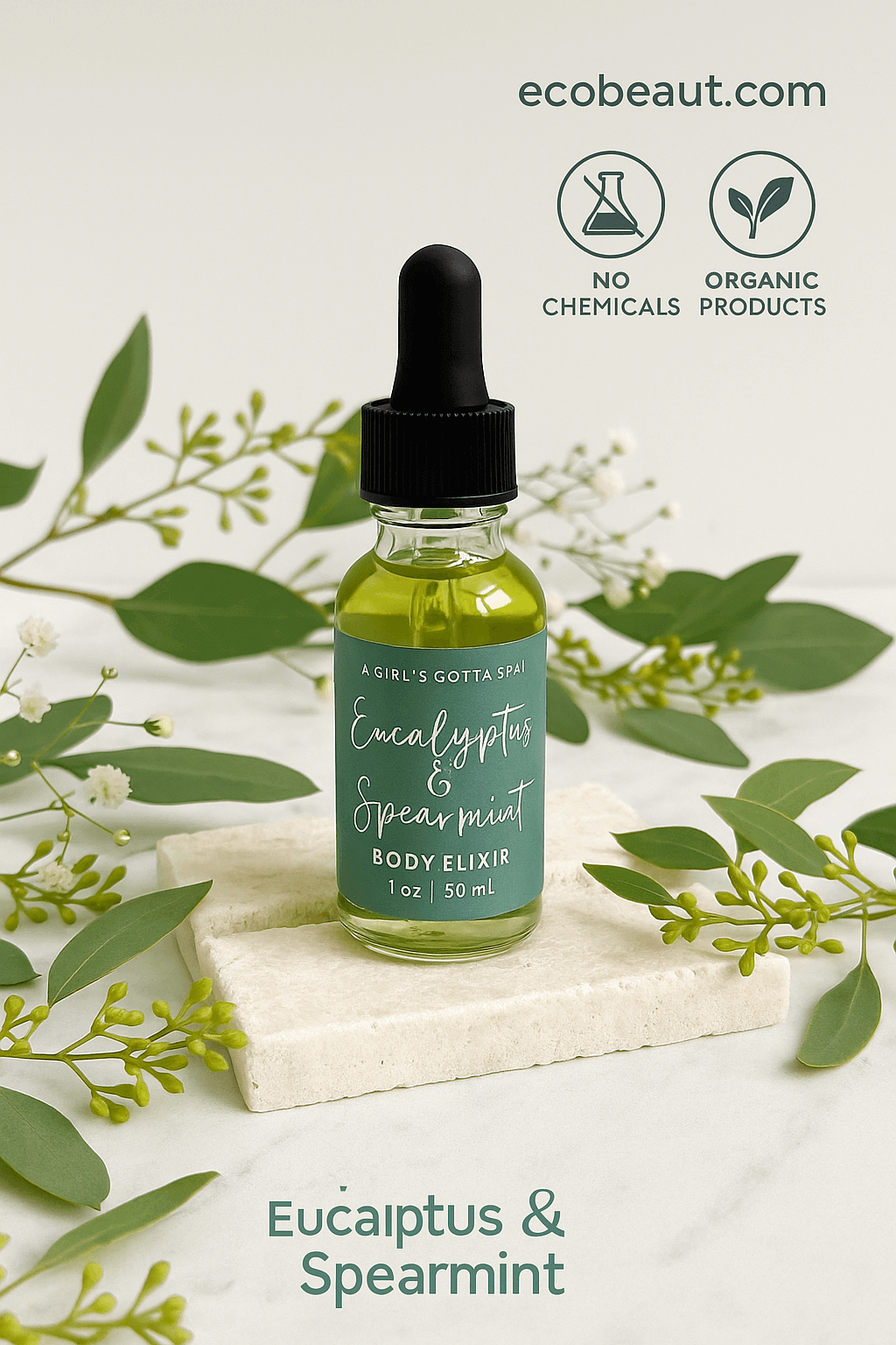 
Eucalyptus & Spearmint Body Elixir bottle placed on a white marble surface surrounded by eucalyptus leaves and small white flowers, with no chemicals and organic products icons and ecobeaut.com in the top right corner