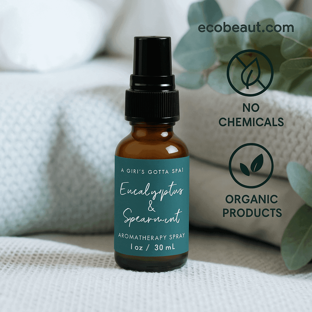 Eucalyptus & Spearmint aromatherapy spray bottle surrounded by soft natural fabrics and eucalyptus leaves – organic essential oil spray, no chemicals, ecobeaut.com