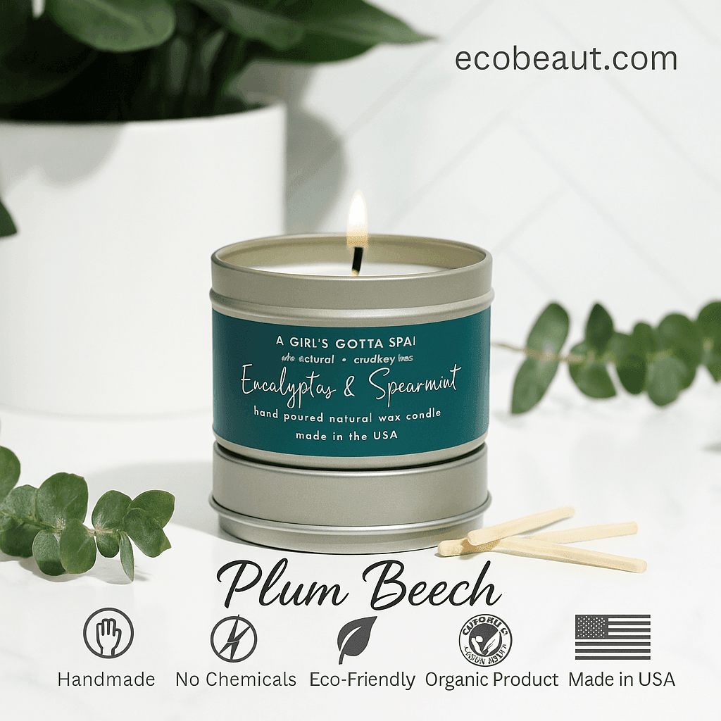 Eucalyptus & Spearmint soy candle by Plum Beech presented on a modern background with eco-friendly labels — Handmade, No Chemicals, Organic Product, Made in USA — ecobeaut.com