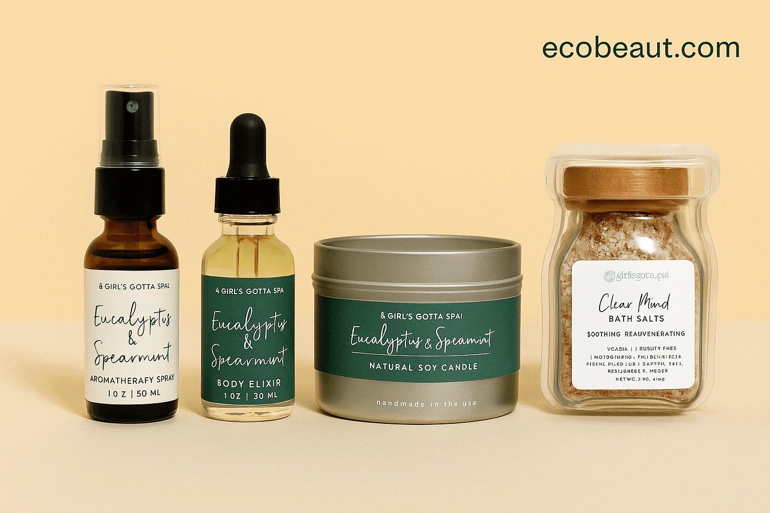 Eucalyptus and spearmint-themed wellness set with aromatherapy spray, body elixir, soy candle, and bath salts, displayed neatly on a beige background with ecobeaut.com in the top right corner.