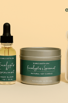 Eucalyptus and spearmint-themed wellness set with aromatherapy spray, body elixir, soy candle, and bath salts, displayed neatly on a beige background with ecobeaut.com in the top right corner.