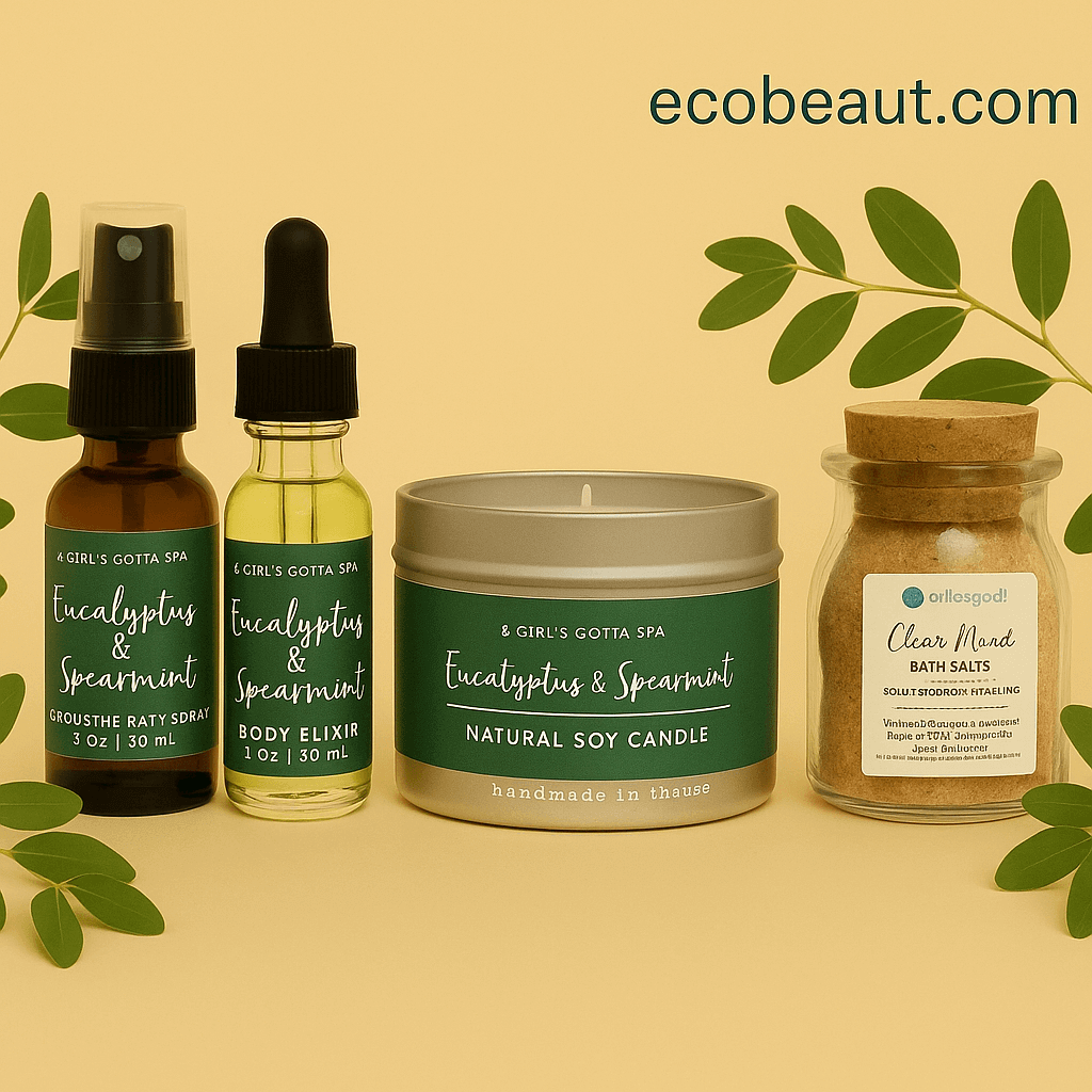 Eucalyptus and spearmint spa gift set with four natural products—aromatherapy spray, body elixir, soy candle, and bath salts—displayed on a beige background with green eucalyptus leaves and ecobeaut.com in the upper right corner.