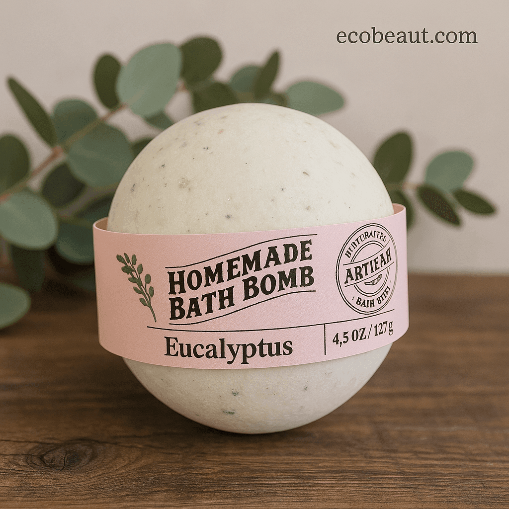 Eucalyptus handmade bath bomb with natural green specks and pink artisan label, styled on rustic wood with eucalyptus leaves in background, ecobeaut.com