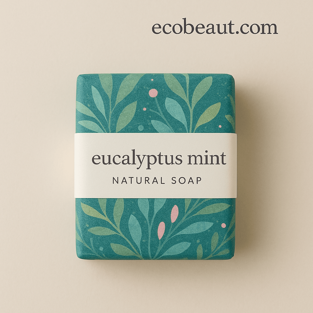 Eucalyptus mint natural soap with botanical wrapping on beige background – handmade product from ecobeaut.com