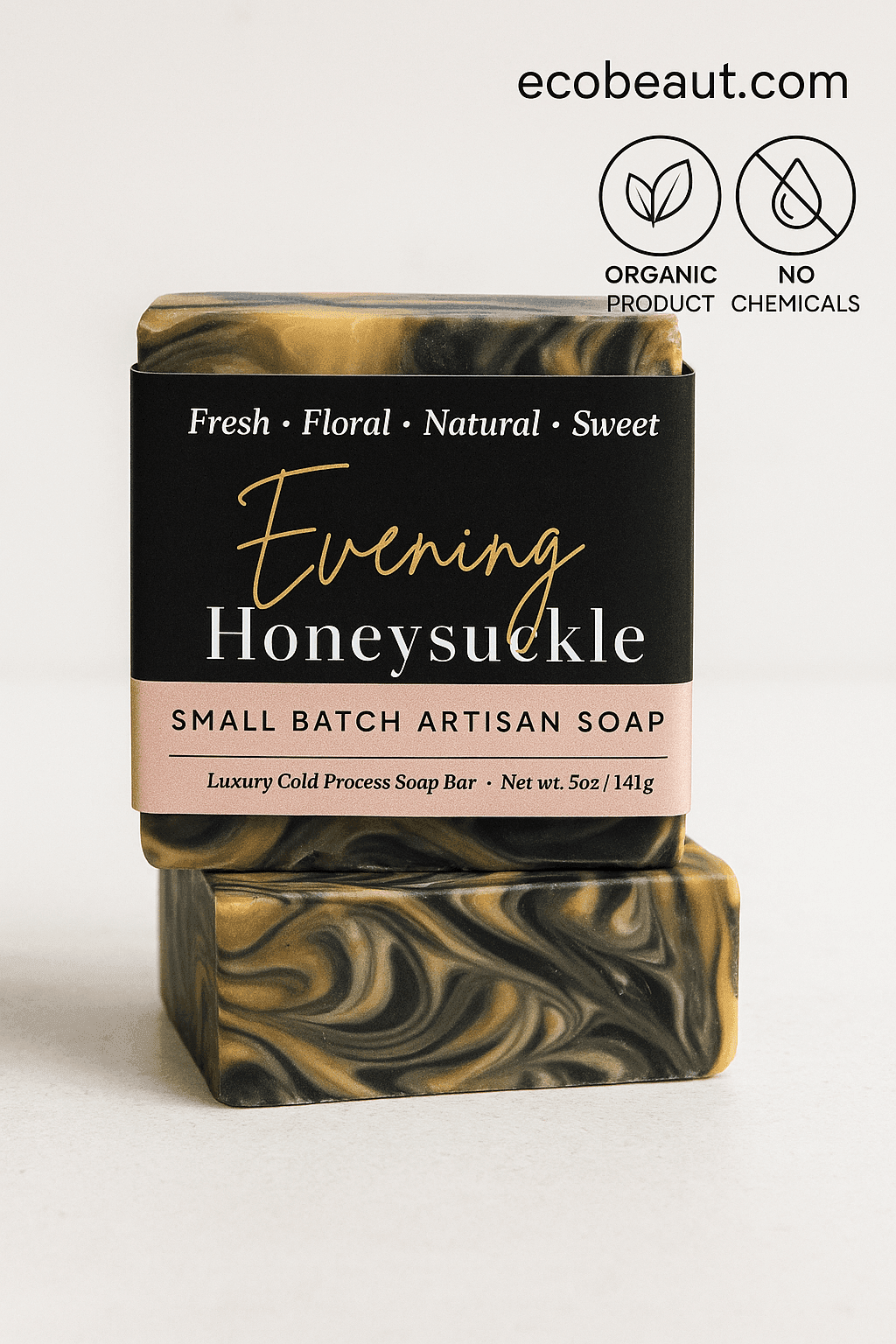 Evening Honeysuckle artisan soap bar with black and gold marbling, shown on a beige surface with ecobeaut.com, “ORGANIC PRODUCT” and “NO CHEMICALS” icons in the top right corner.
