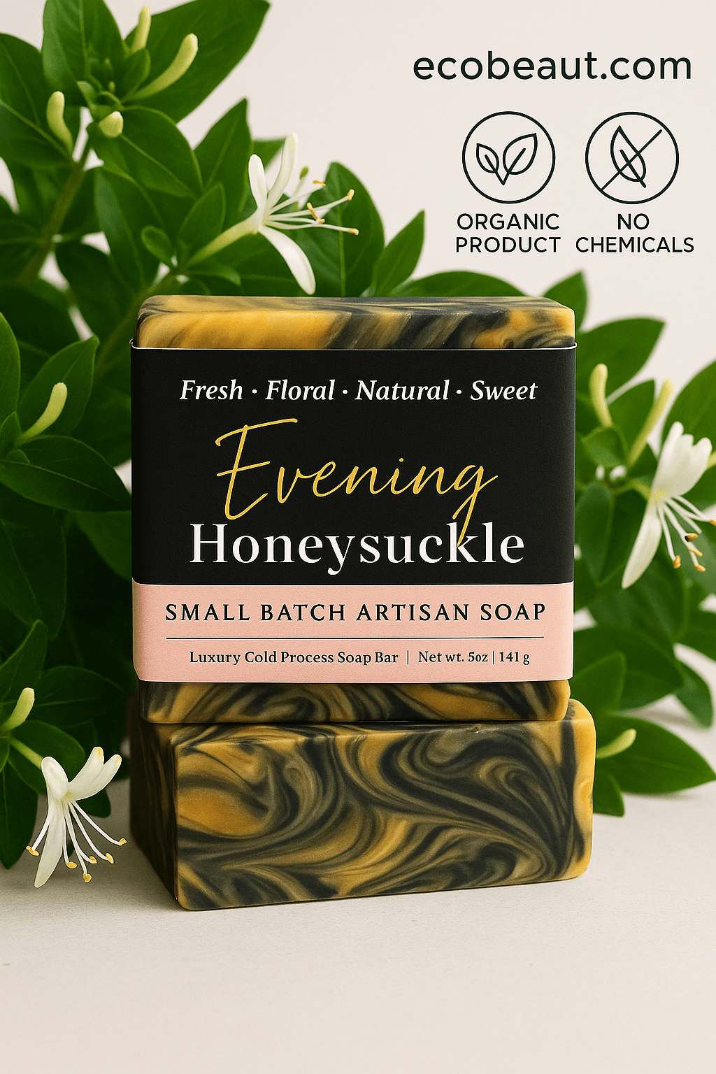 Evening Honeysuckle artisan soap bar with gold and black swirls, surrounded by green leaves and white honeysuckle flowers, featuring ecobeaut.com, “ORGANIC PRODUCT,” and “NO CHEMICALS” icons in the top right corner.