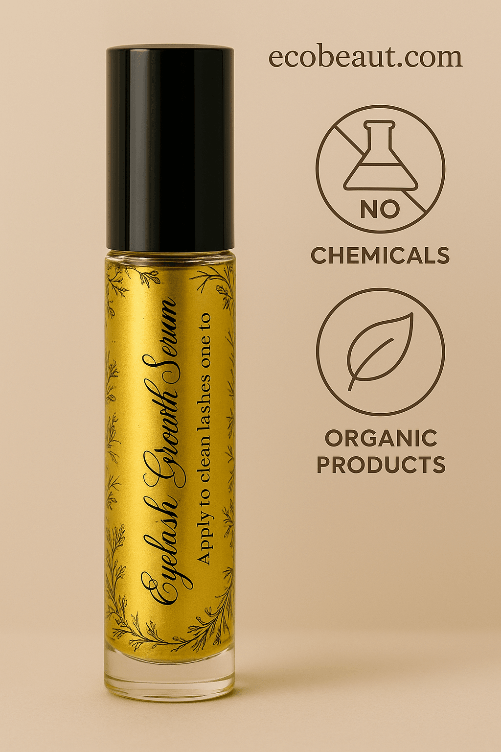 Eyelash Growth Serum from ecobeaut.com in a clear glass bottle with golden liquid, displayed on a neutral background with "no chemicals" and "organic products" icons in the top right corner.