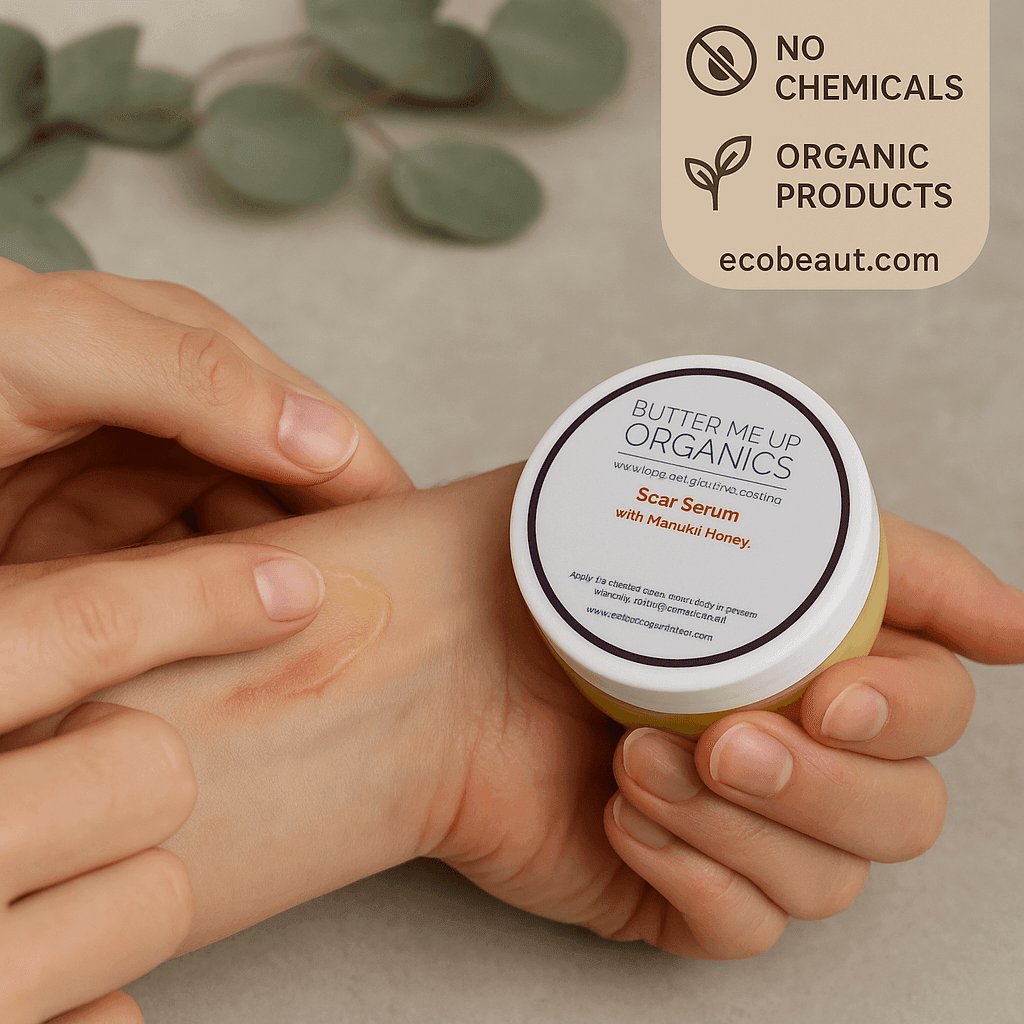 Fair-skinned person applies organic scar serum with Manuka honey onto their wrist while holding the product jar; labels "no chemicals" and "organic products" with ecobeaut.com appear in the upper right corner.