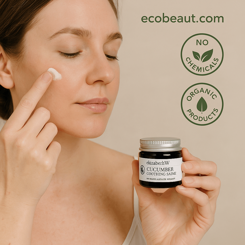 Fair-skinned woman applying ElizabethW Cucumber Soothing Salve to her cheek – gentle, natural balm with organic ingredients, ecobeaut.com