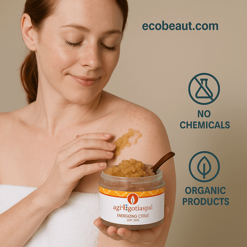 Fair-skinned woman applying Energizing Citrus Salt Scrub to shoulder – natural exfoliating body care, chemical-free formula, ecobeaut.com
