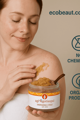 Fair-skinned woman applying Energizing Citrus Salt Scrub to shoulder – natural exfoliating body care, chemical-free formula, ecobeaut.com