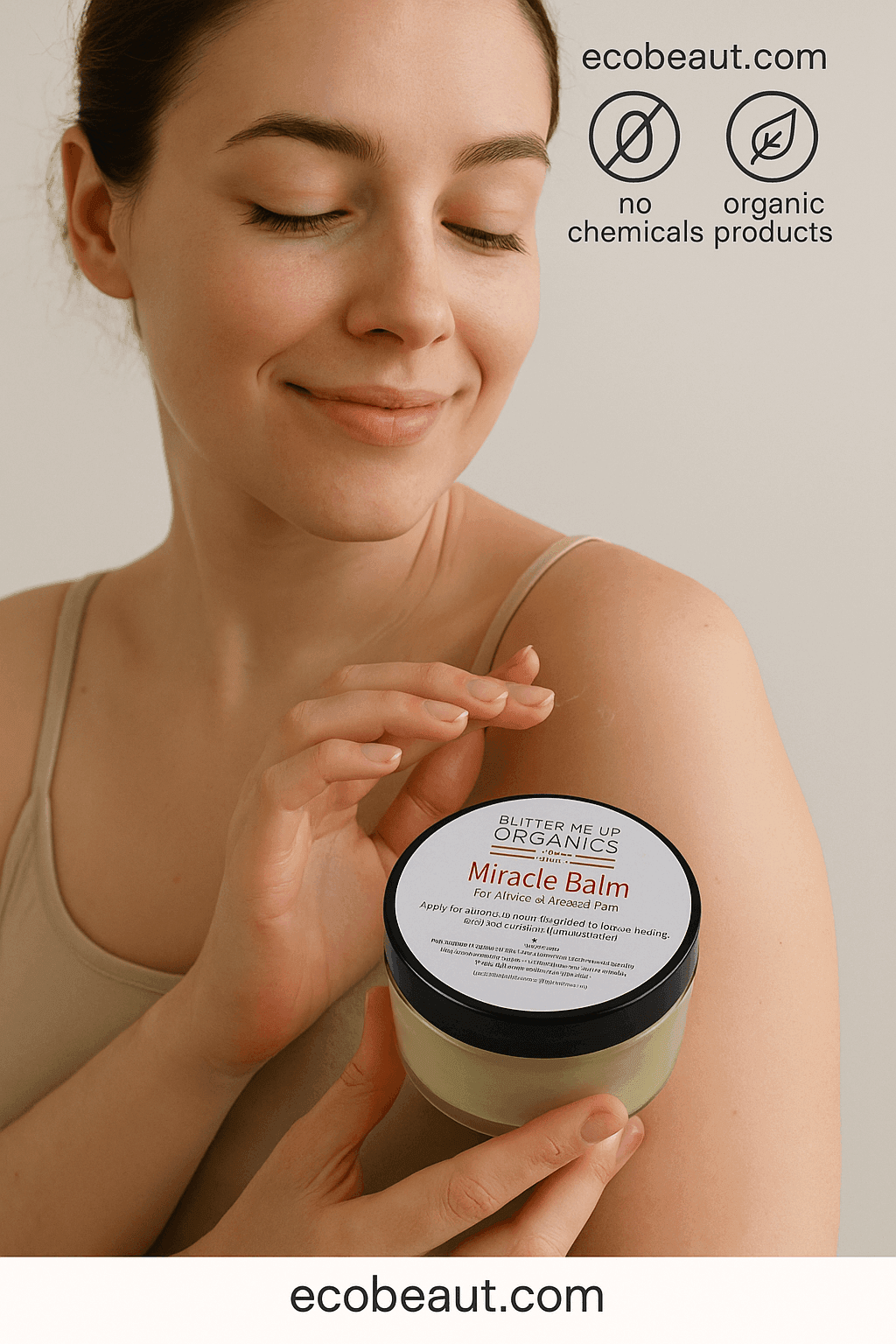 Fair-skinned woman applying Miracle Balm from Butter Me Up Organics to her forearm – natural herbal balm for muscle and joint pain relief, labeled organic and chemical-free, ecobeaut.com