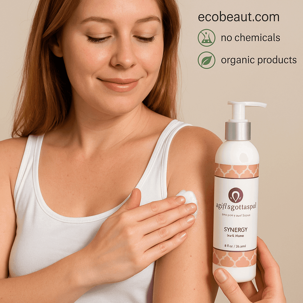 Fair-skinned woman applying Synergy Body Lotion to arm – nourishing natural moisturizer with organic ingredients, no chemicals, ecobeaut.com