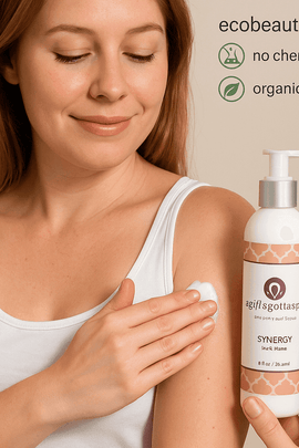 Fair-skinned woman applying Synergy Body Lotion to arm – nourishing natural moisturizer with organic ingredients, no chemicals, ecobeaut.com