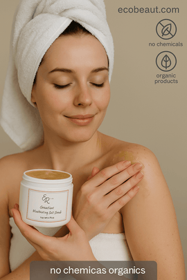 Fair-skinned woman applying grapefruit moisturizing salt scrub to her shoulder – natural exfoliant with organic ingredients, no chemicals, ecobeaut.com