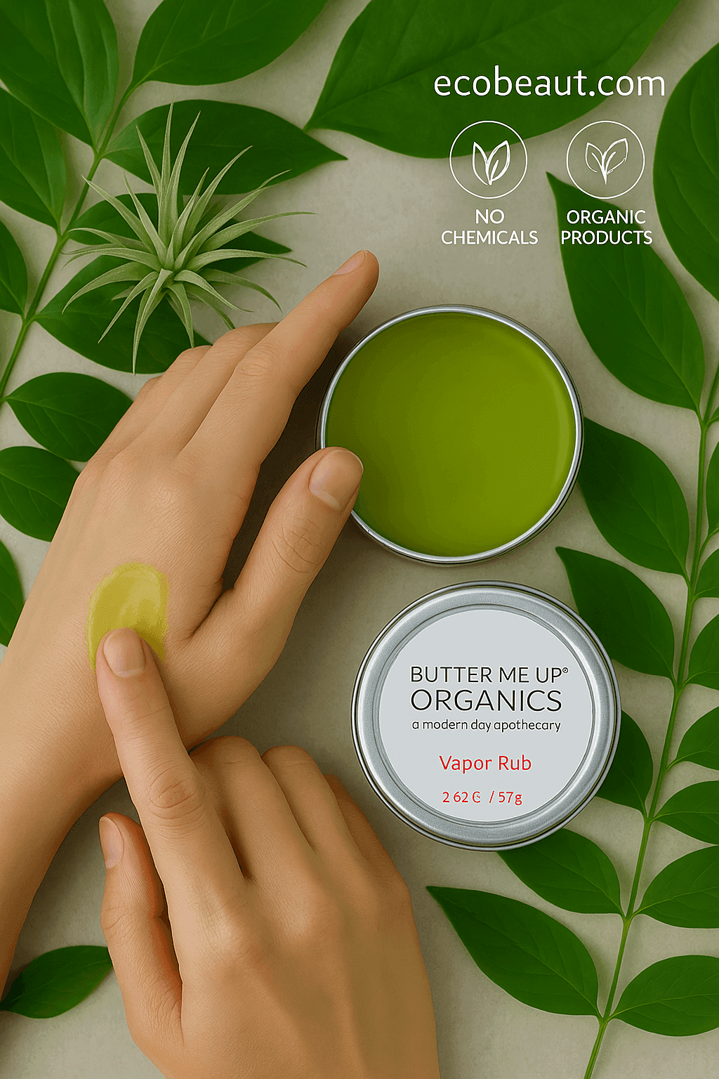 "Fair-skinned woman applying green vapor rub to back of hand from an open tin, surrounded by green leaves, eco labels, and ecobeaut.com branding in the top right corner."