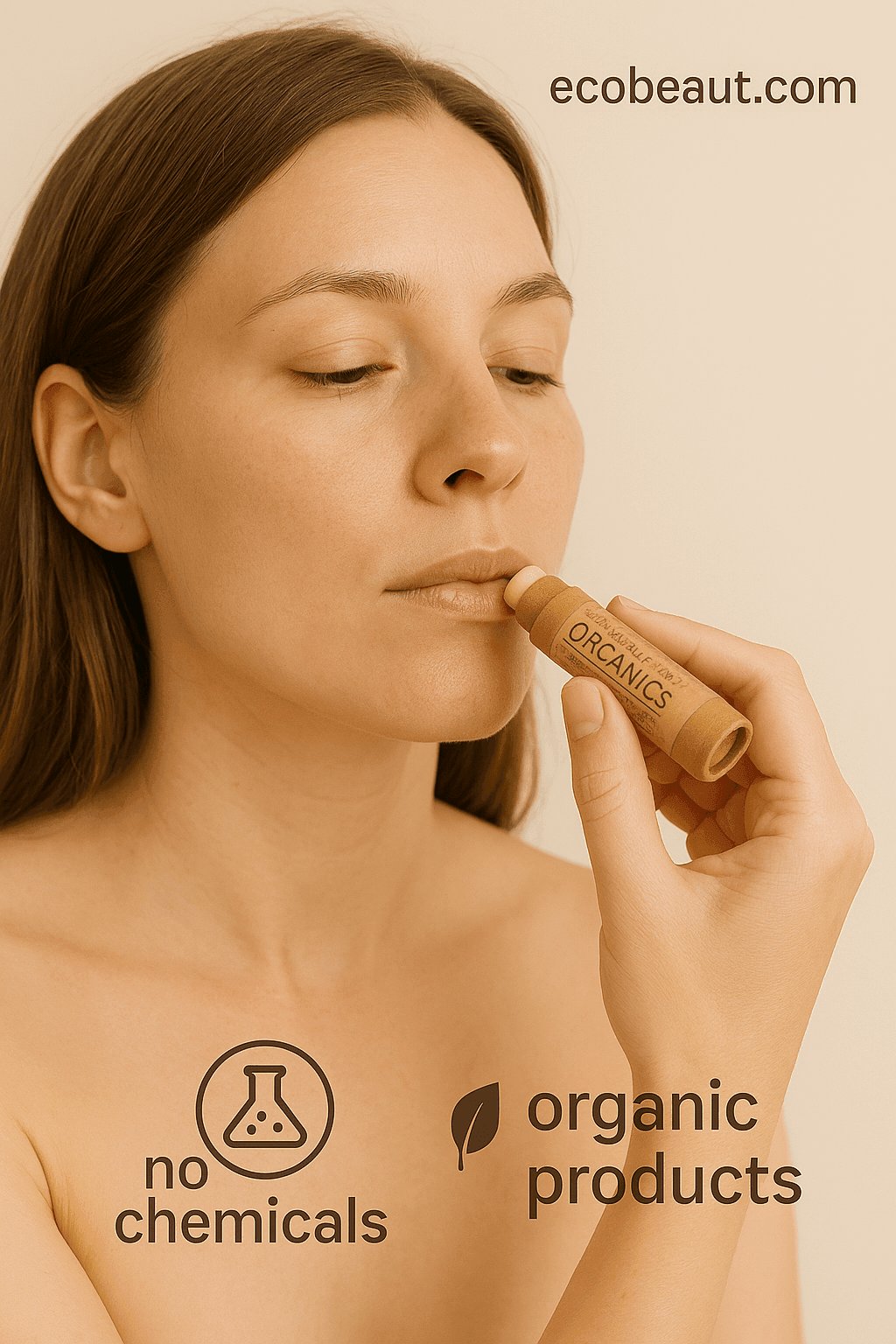 Fair-skinned woman applying organic lip balm from a kraft paper tube, with a calm expression on a neutral beige background. The image includes the website "ecobeaut.com" in the top right corner and icons "no chemicals" and "organic products" at the bottom.