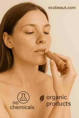 Fair-skinned woman applying organic lip balm from a kraft paper tube, with a calm expression on a neutral beige background. The image includes the website "ecobeaut.com" in the top right corner and icons "no chemicals" and "organic products" at the bottom.