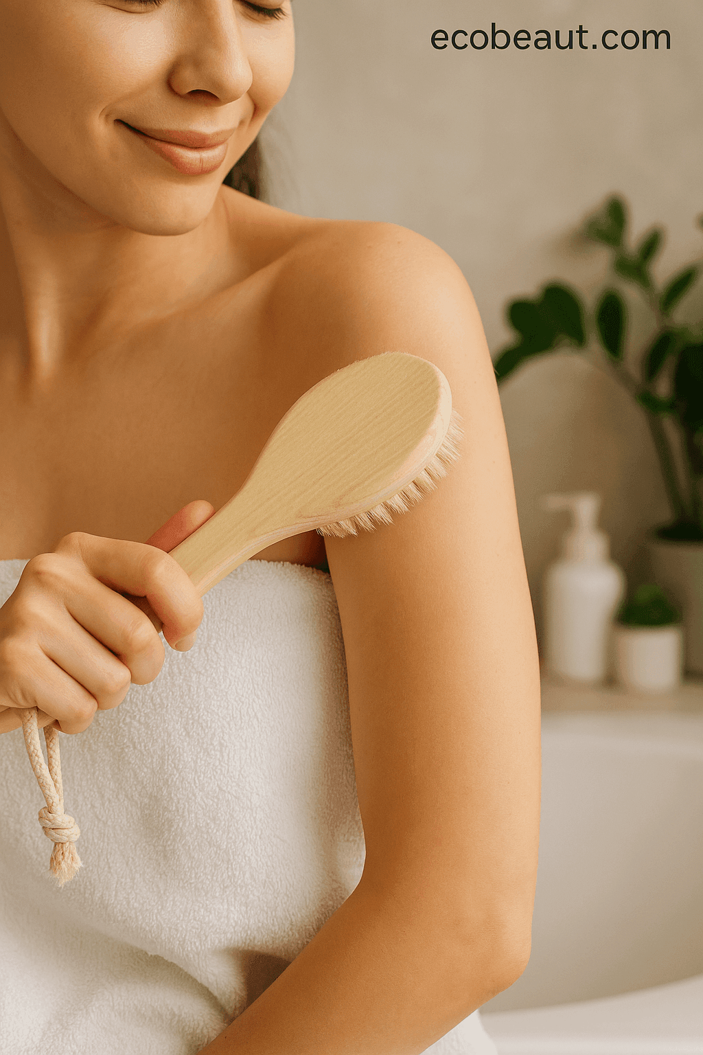Fair-skinned woman dry brushing arm with wooden body brush – natural self-care routine from ecobeaut.com