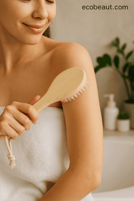 Fair-skinned woman dry brushing arm with wooden body brush – natural self-care routine from ecobeaut.com