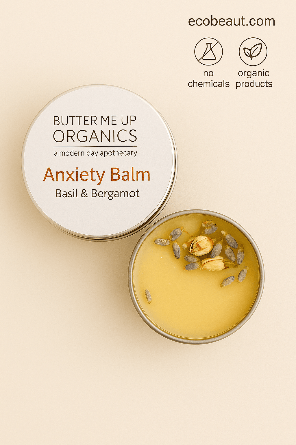 Fair-skinned woman gently applying Butter Me Up Organics Anxiety Balm with herbal botanicals, featuring ecobeaut.com and icons for no chemicals and organic products – organic stress relief balm USA