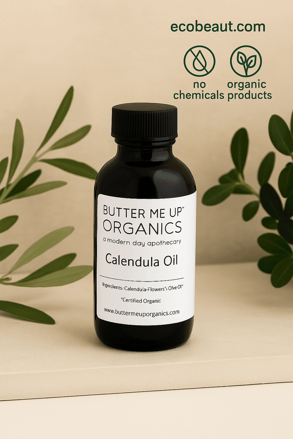 
Fair-skinned woman gently applying Butter Me Up Organics Calendula Oil to her cheek while holding the dark amber bottle, with eco-friendly icons and ecobeaut.com text in the top right corner, on a warm beige background