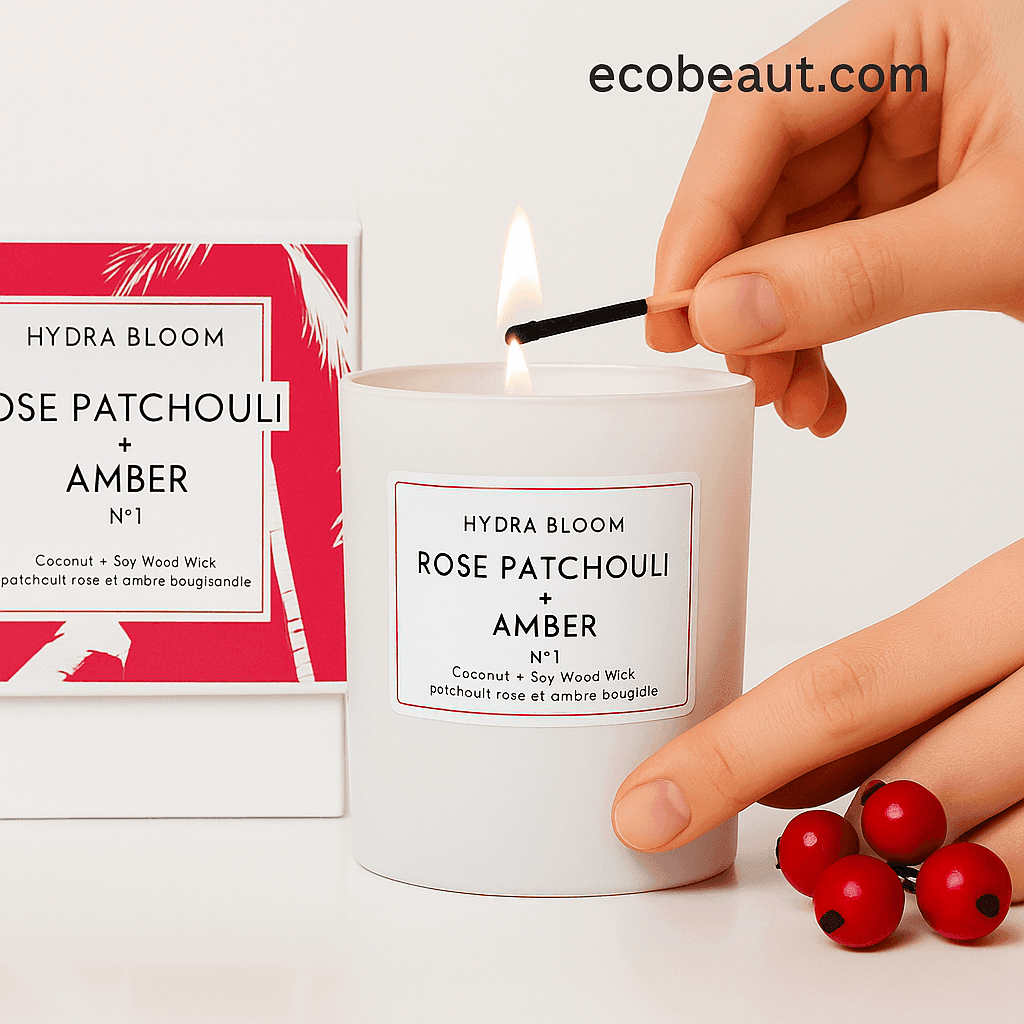Fair-skinned woman holding a Hydra Bloom Rose Patchouli Amber Candle, showcasing real-life usage of eco-friendly coconut soy wood wick candle – ecobeaut.com
