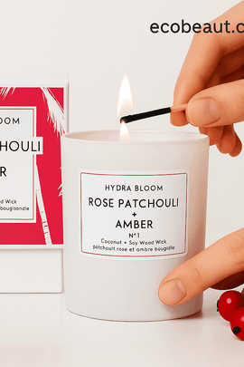 Fair-skinned woman holding a Hydra Bloom Rose Patchouli Amber Candle, showcasing real-life usage of eco-friendly coconut soy wood wick candle – ecobeaut.com