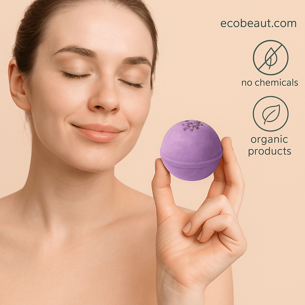 Fair-skinned woman holding a purple bath bomb near her face, smiling gently — organic skincare moment with ecobeaut.com