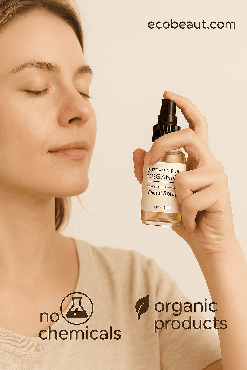 Fair-skinned woman using a facial spray, holding the bottle near her face with eyes closed, showcasing a product labeled "Butter Me Up Organics" on a neutral background with the text "ecobeaut.com" in the top right corner and icons reading "no chemicals" and "organic products" at the bottom.