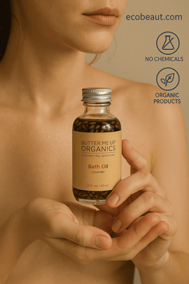 Fair-skinned woman using organic lavender bath oil by Butter Me Up Organics – eco-friendly, no chemicals, handmade skincare by ecobeaut.com