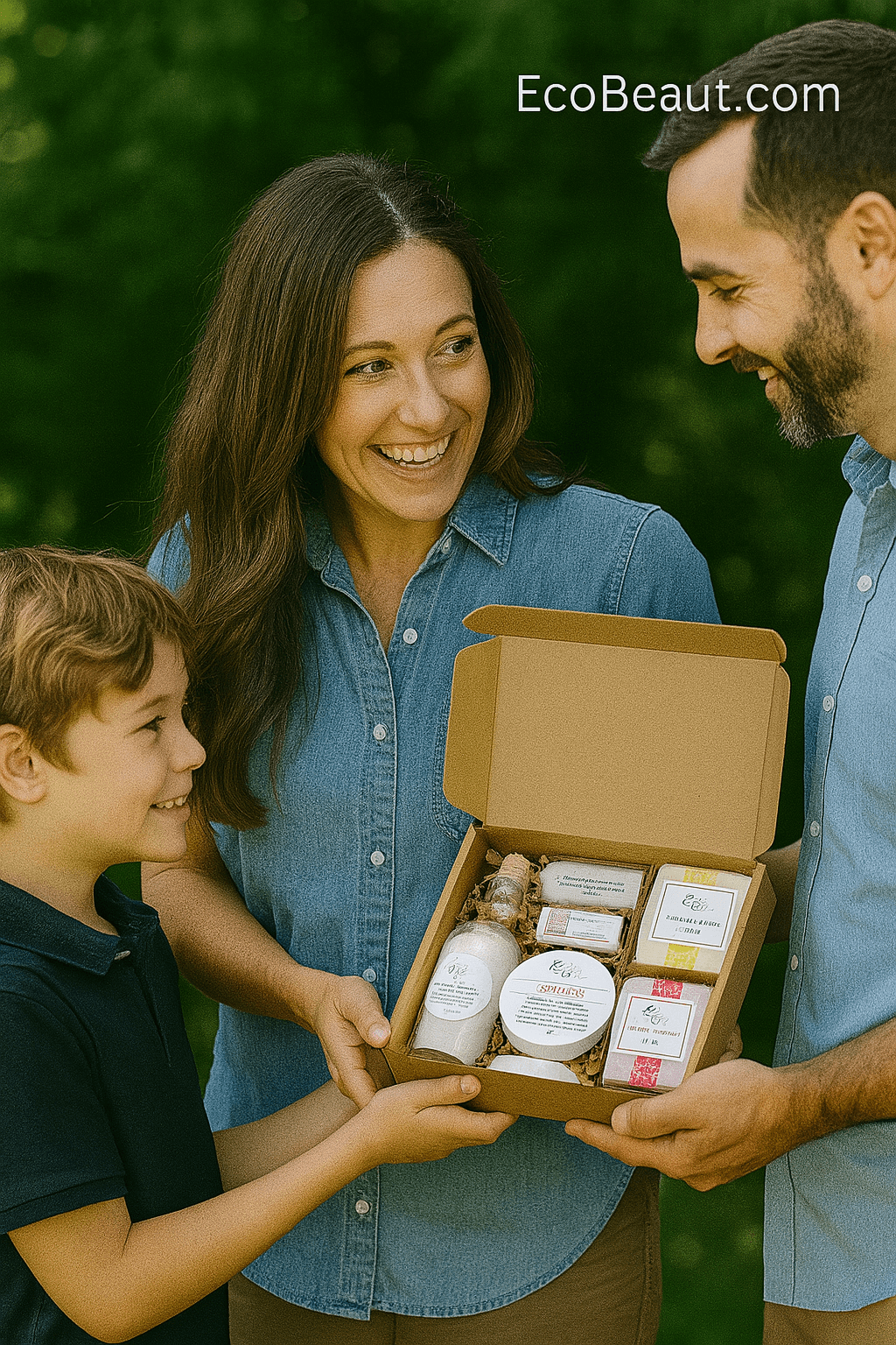 Father and son giving EcoBeaut.com organic soap gift set with bath bombs and handmade soaps to smiling mother outdoors, eco-friendly luxury skincare present USA