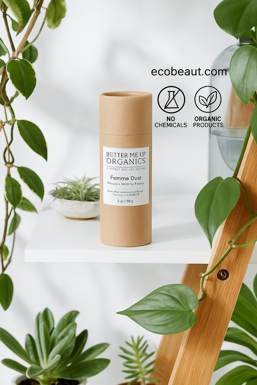 "Femme Dust powder in kraft tube on white shelf with plants, eco labels, and ecobeaut.com branding in the top right corner."