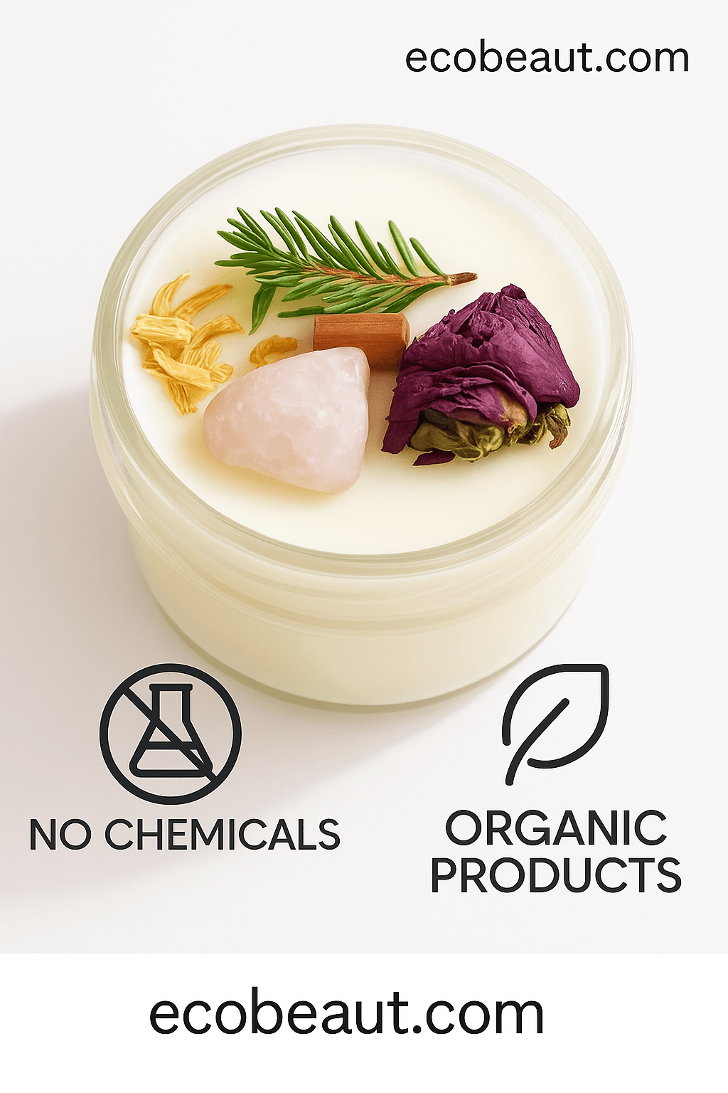 Fertility Crystal Candle by ecobeaut.com – beautifully presented with rose petals, pine twig, and rose quartz for abundance. Clean and natural composition.