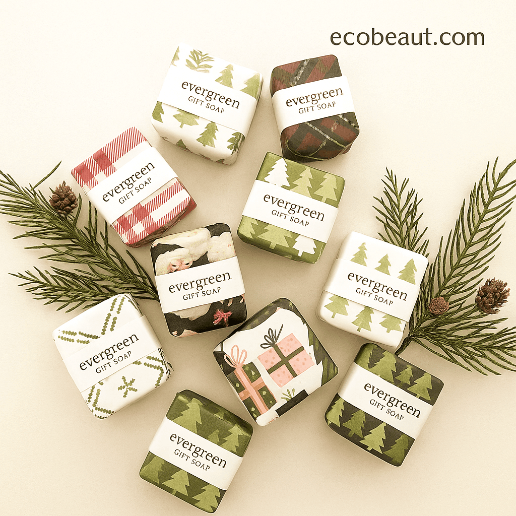 Festively wrapped Evergreen bath cubes arranged with pinecones and evergreen sprigs – holiday gift soap from ecobeaut.com