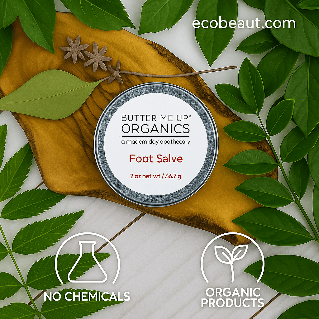 "Foot Salve tin on wood slice surrounded by lush green leaves, with eco labels and ecobeaut.com branding on a white wood background."




