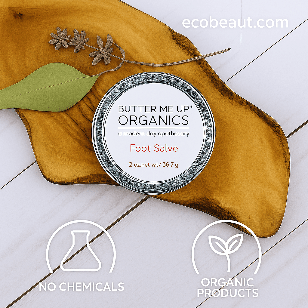 "Foot Salve tin with bold label on wood slice, eco icons, and ecobeaut.com branding in the top right corner on a white wood background."




