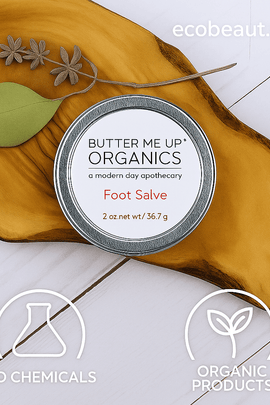 "Foot Salve tin with bold label on wood slice, eco icons, and ecobeaut.com branding in the top right corner on a white wood background."




